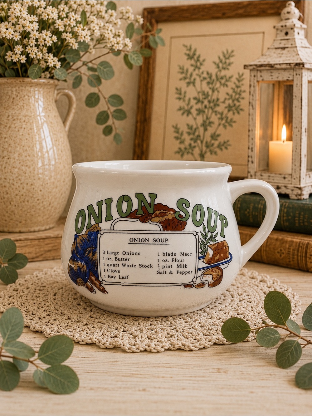 Onion Soup Ceramic Soup Mug - Cream with Green Lettering